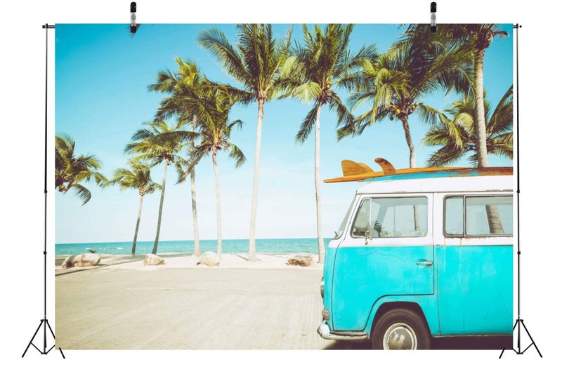 BELECO 9x6ft Fabric Tropical Beach Backdrop Vintage Blue Bus Surfboard Holiday Travel Camping Background Summer Hawaii Surfing Phtography Backdrop Luau Party Decoration Birthday Banner Photoshoot - Image 5